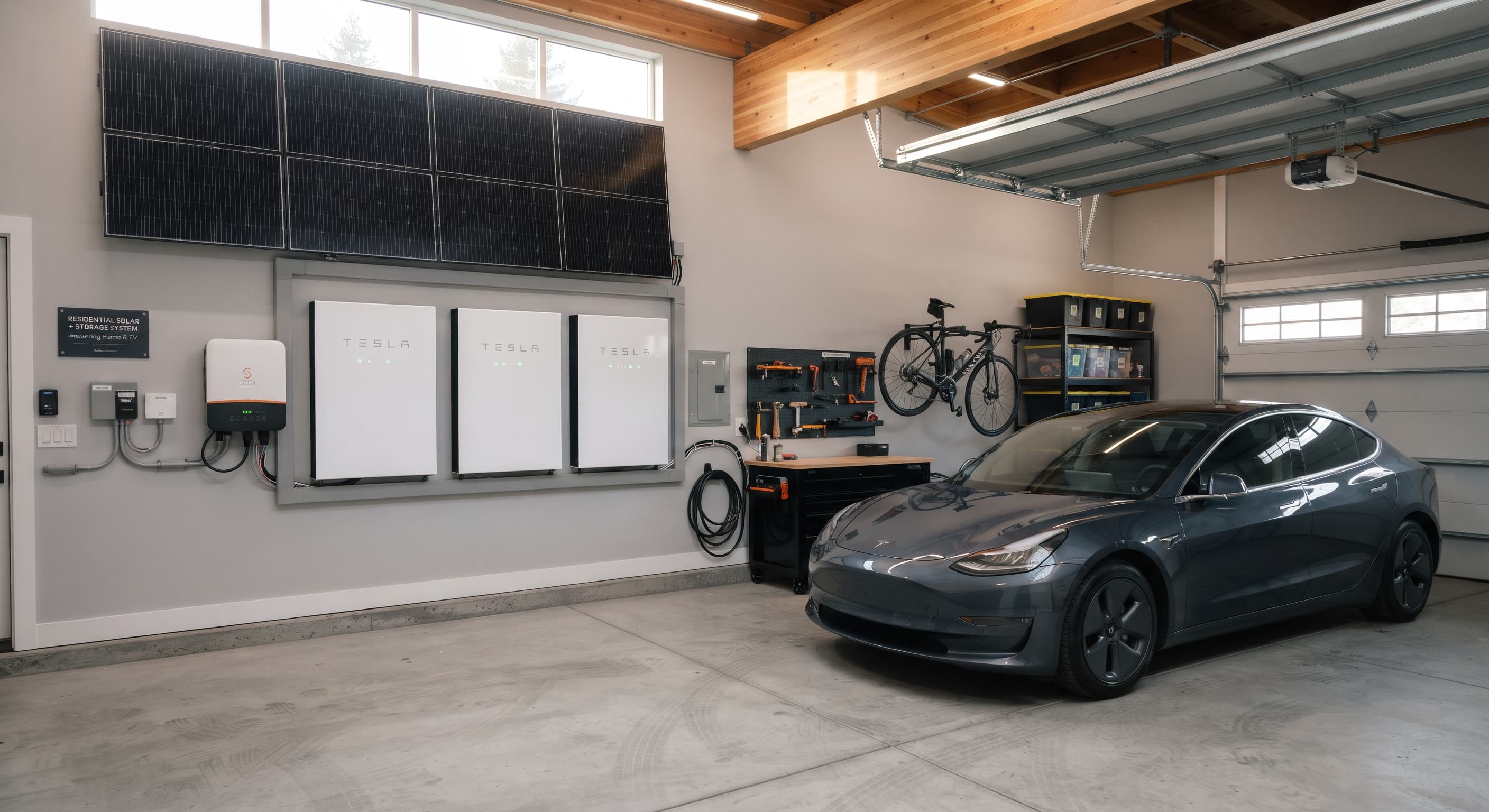 Paneles solares conectados a un banco de baterías de almacenamiento de energía